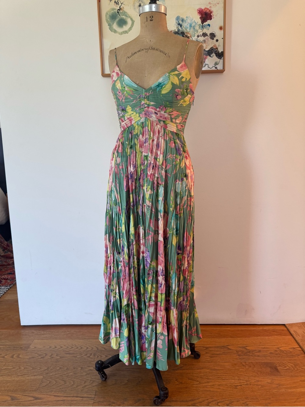 Astr Floral Pleated Maxi Dress in Green, Pink and Yellow